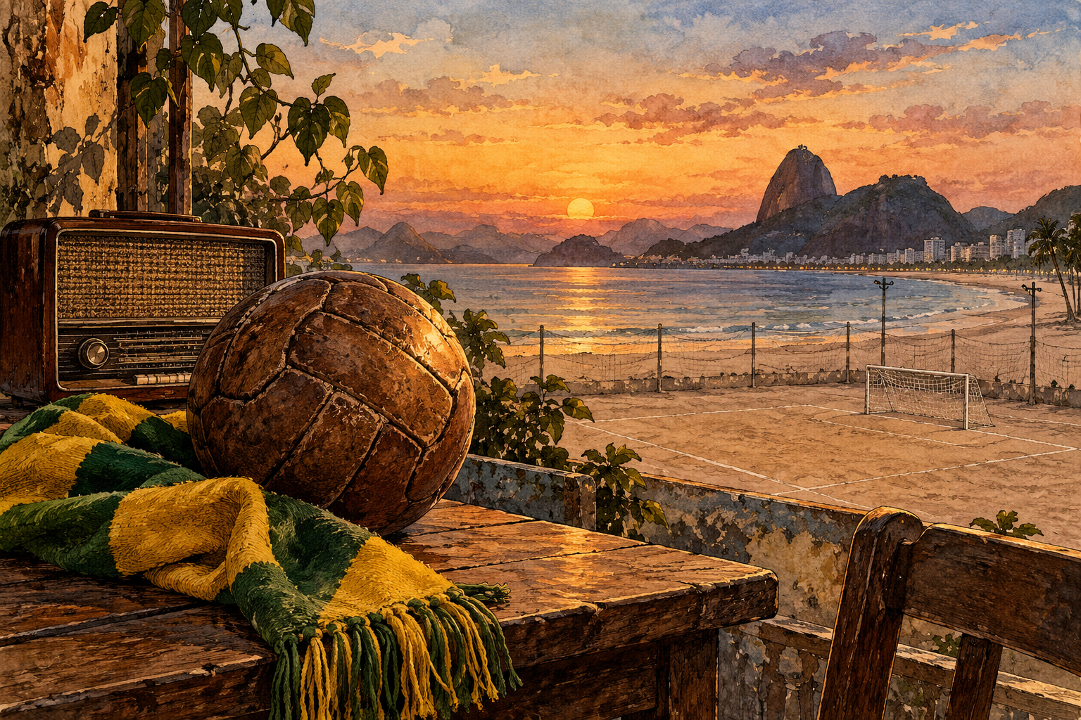 Bola de futebol, cachecol e rádio numa mesa diante de uma praia.