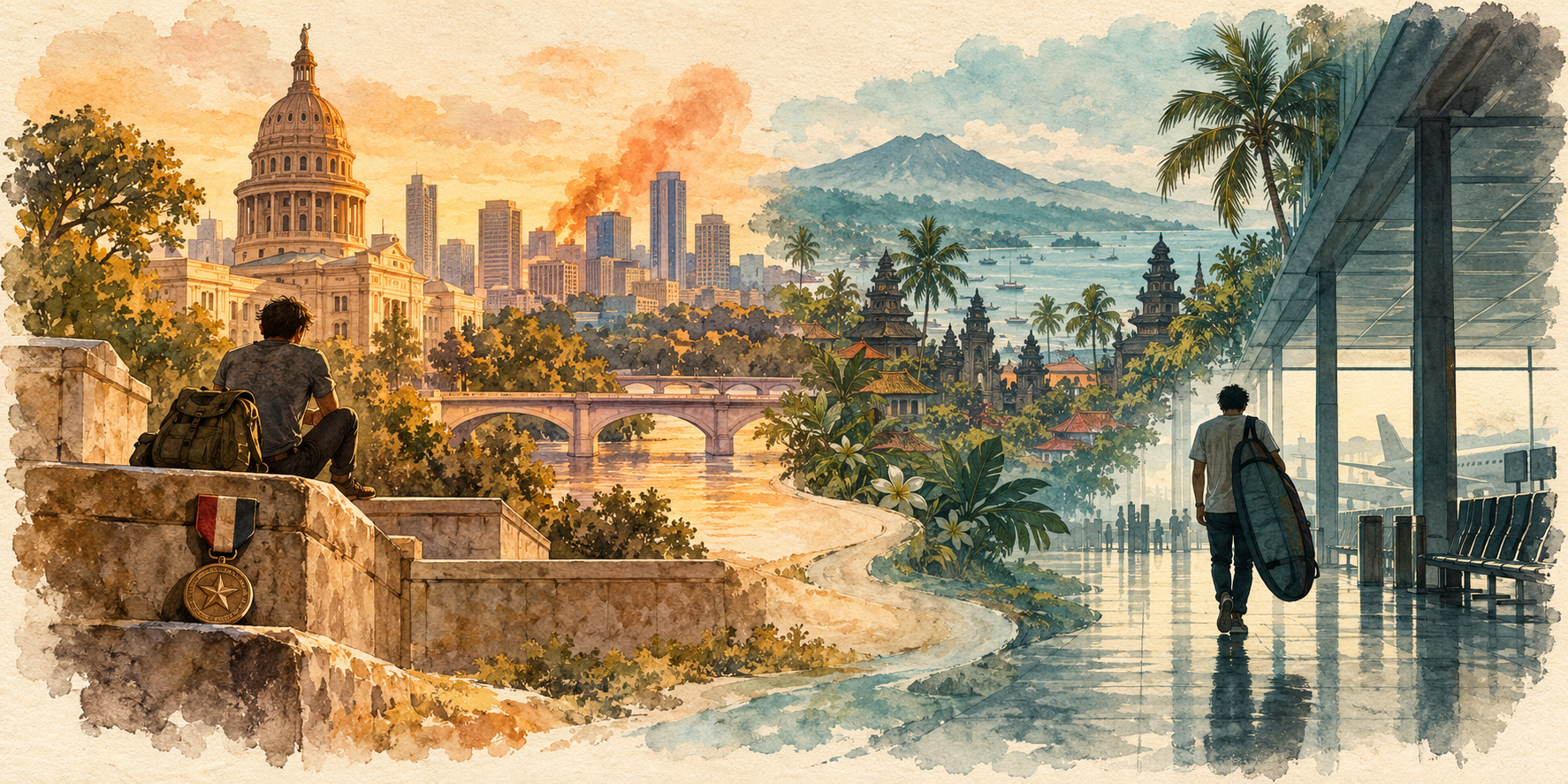Aquarela de dois homens em destinos contrastantes: Austin, com uma medalha e fumaça ao longe, e a Indonésia, com uma prancha e um aeroporto.