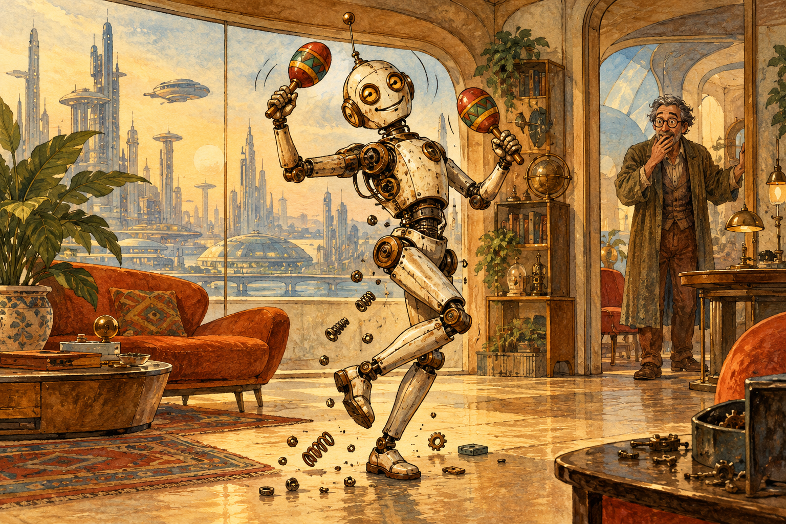 Um robô com maracas numa cena de ficção científica em aquarela.