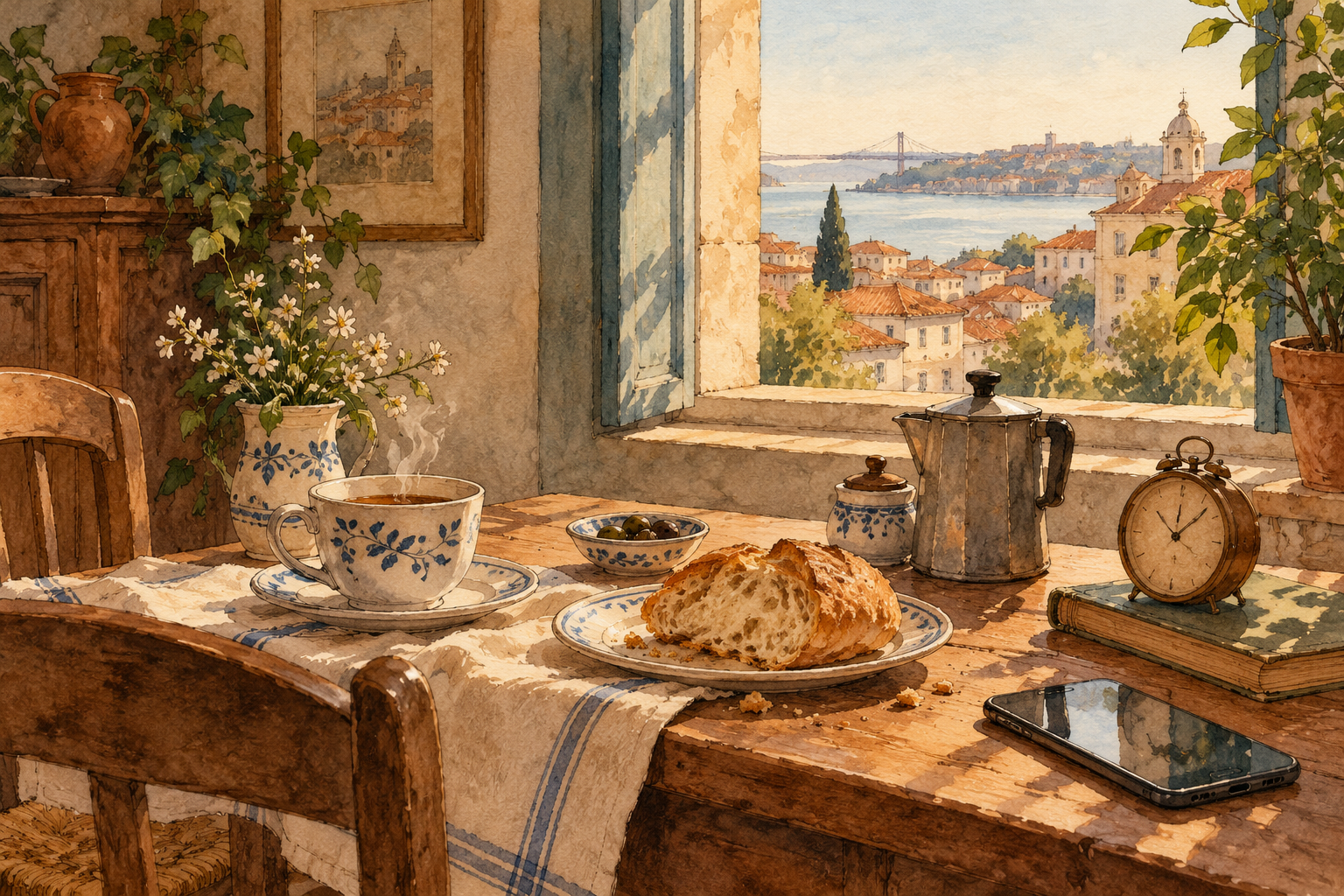 Mesa de café da manhã com chá, pão, relógio e celular em aquarela.