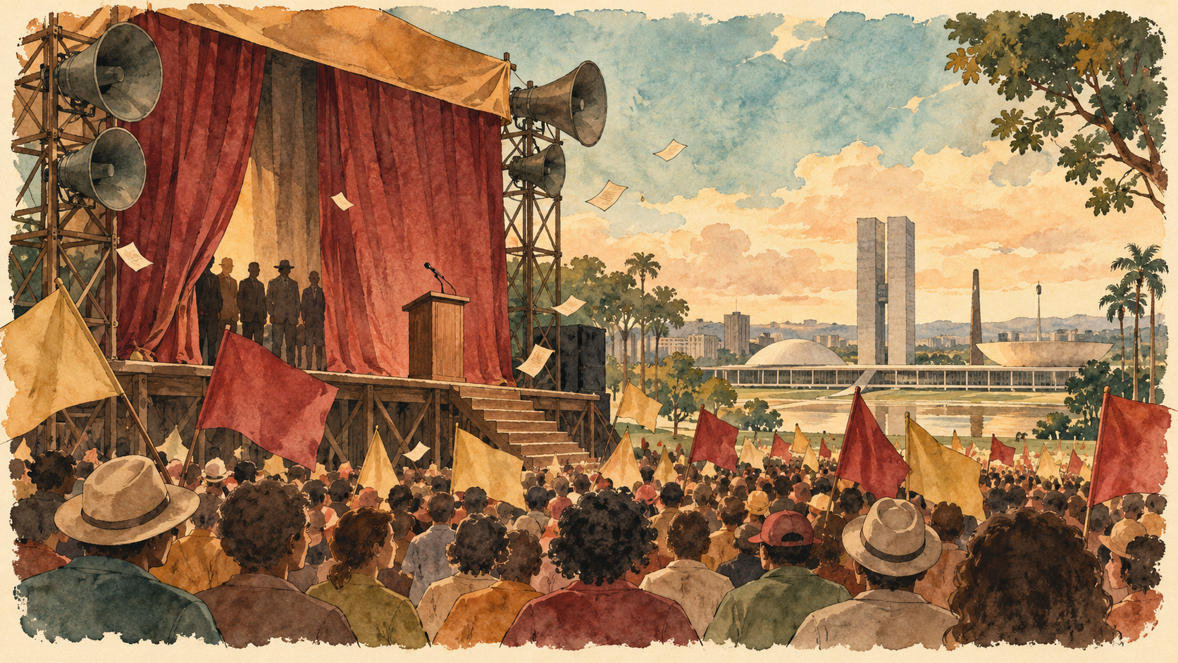 Aquarela de um comício imaginário, com palco e cortinas, alto-falantes, bandeiras vermelhas e amarelas e o Congresso ao fundo.