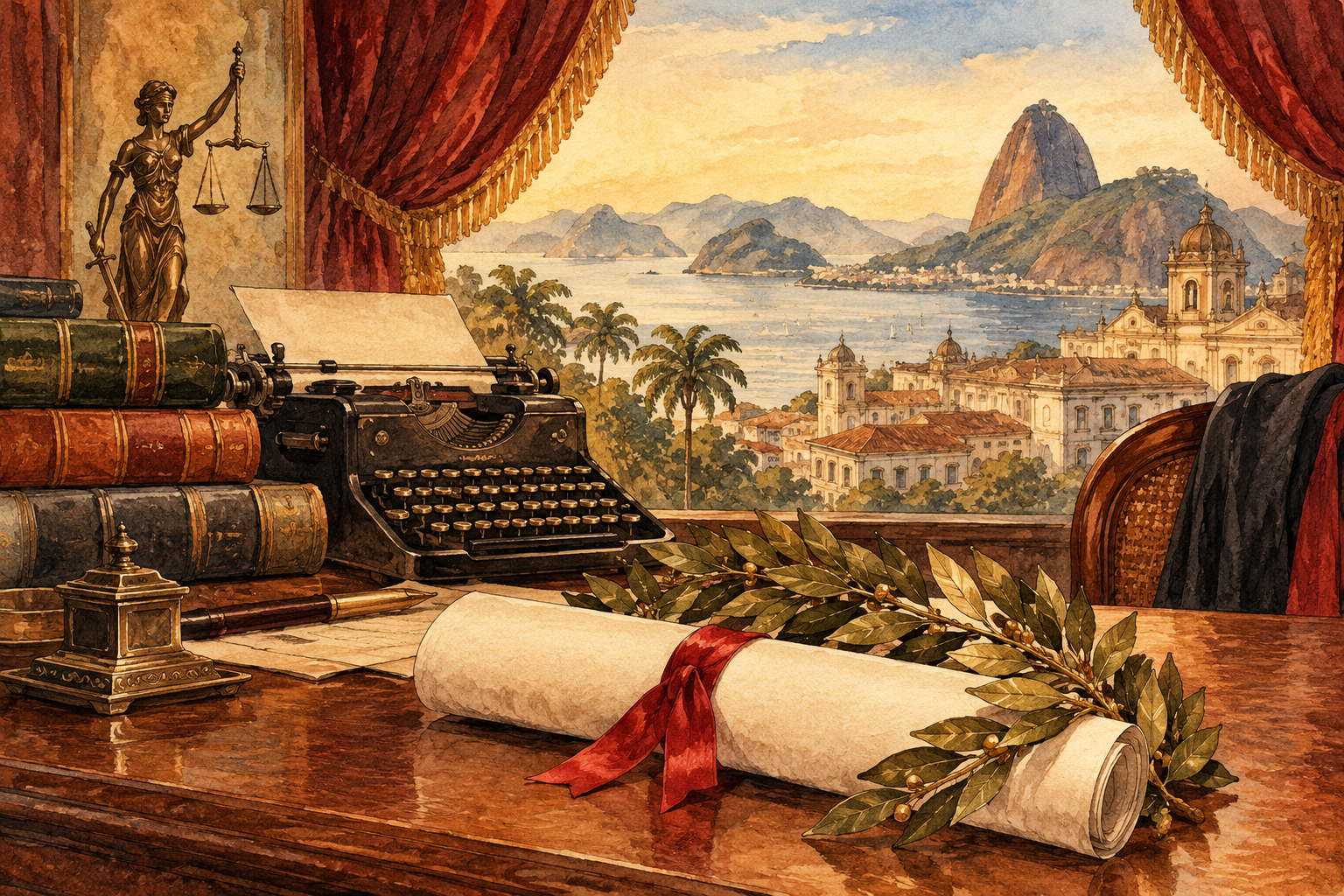Diploma, livros de Direito e máquina de escrever em aquarela.