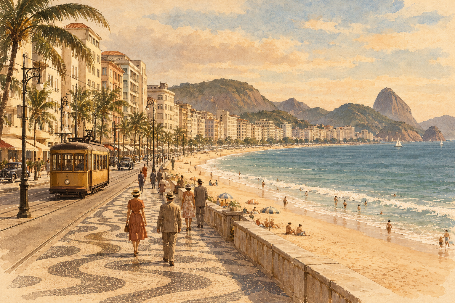 Copacabana de outros tempos, ilustrada em aquarela.