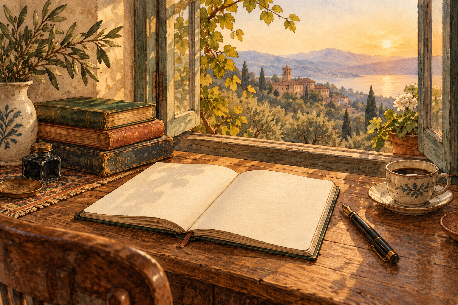 Ilustração em aquarela de um caderno aberto junto à janela, com livros, caneta e café.