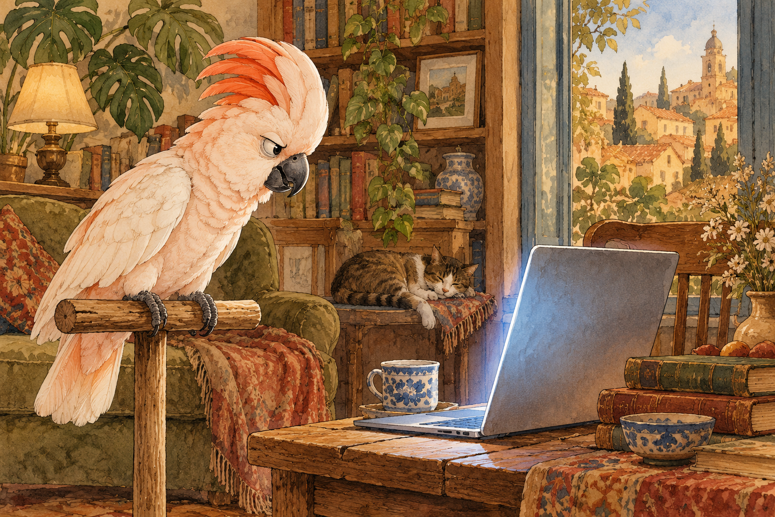 Uma cacatua observa um computador numa sala acolhedora.