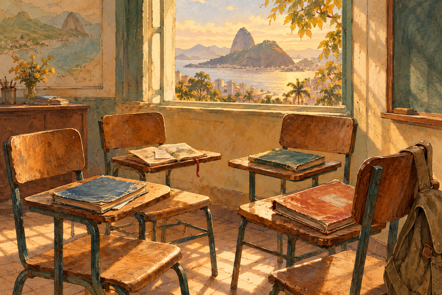 Quatro cadeiras e livros numa sala de aula de outros tempos.