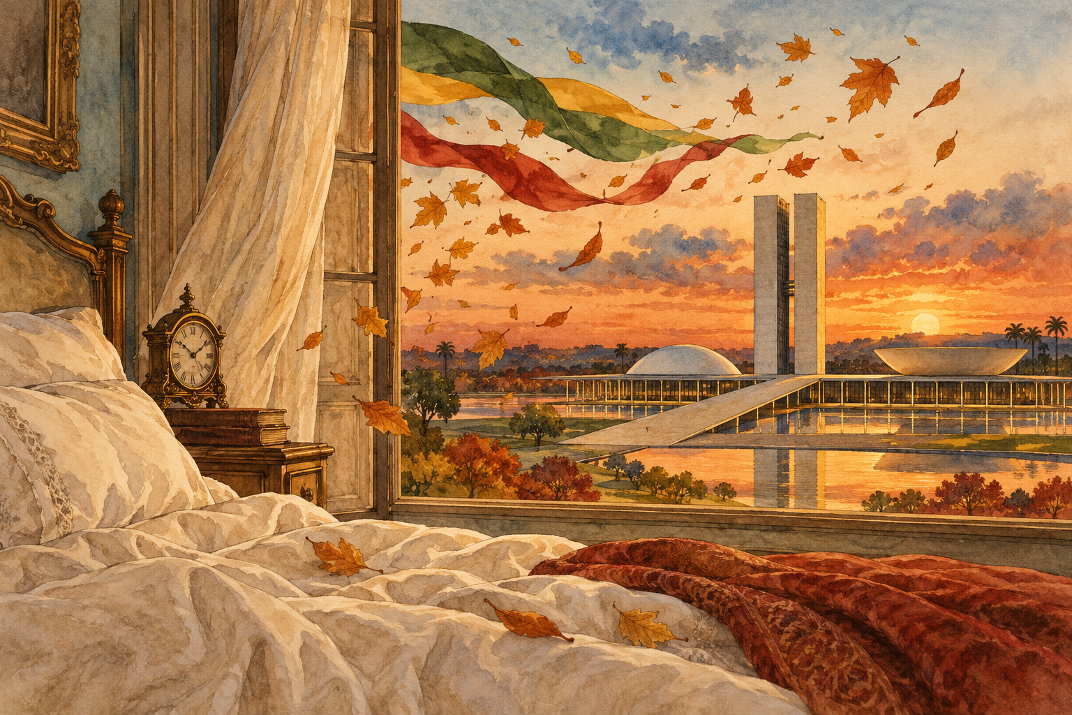 Um quarto de palácio com relógio de cabeceira e uma vista onírica de Brasília em aquarela.