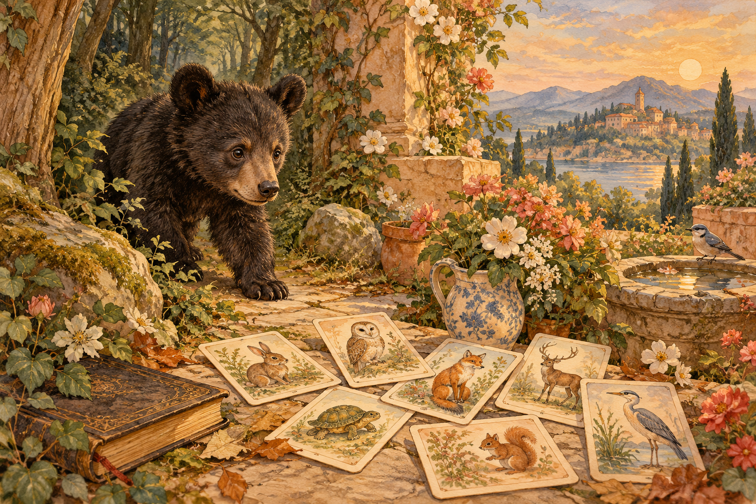 Um urso num jardim de sonho junto a cartas ilustradas com animais.