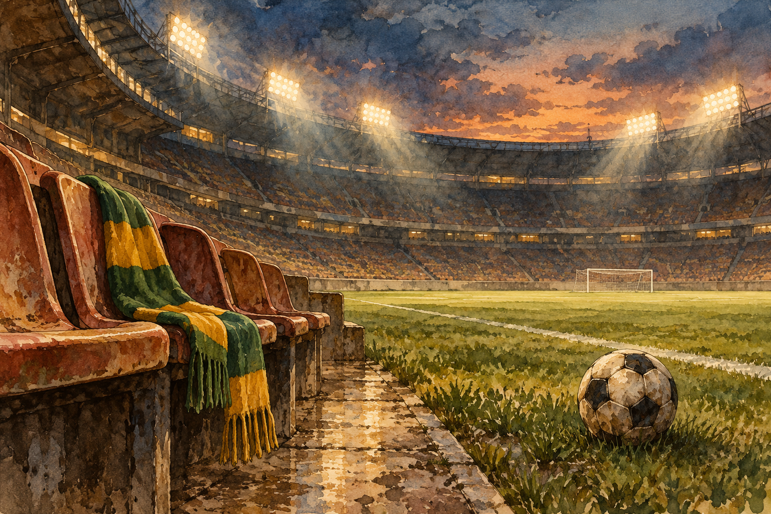 Bola de futebol e uma torcida ausente num estádio iluminado.